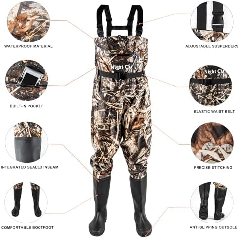Night Cat Fishing Waders for Men Women Waterproof Hunting Chest Wader with Bootfoot Belt Breathable Lightweight Size 6 to 14