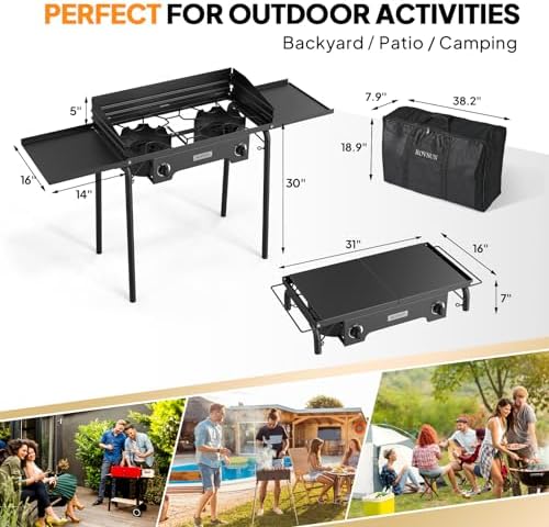 ROVSUN 2 Burner Outdoor Propane Gas Stove with Adjustable Regulator, 150,000 BTU High Pressure Stand Cooker for Backyard Cooking Camping Home Brewing Canning Turkey Frying