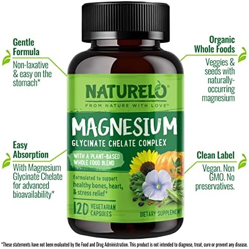 NATURELO Magnesium Glycinate Chelate Complex - 200 mg Magnesium, 120 Count | Support Sleep, Calm, Muscle Cramp & Stress Relief, Gluten Free, Non GMO, with Organic Vegetables