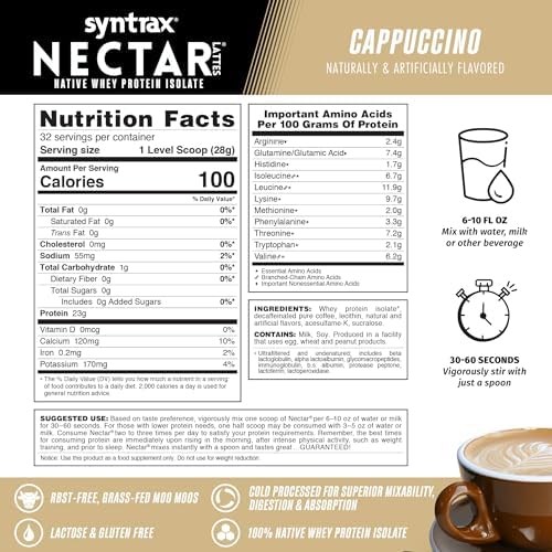Syntrax Nectar Lattes 100% Whey Protein Isolate Powder, Cappuccino, 2 lb