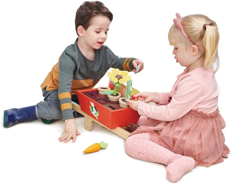 Tender Leaf Toys Garden Wheelbarrow Set – Deluxe Wooden Gardening Toy with Tools & Accessories – Supports Learning