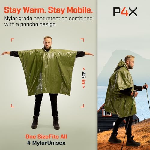 PREPARED4X Emergency Mylar Poncho – Survival Rain Poncho with Hood – Lightweight, Compact, Reusable Emergency Blanket Poncho for Hiking, Camping