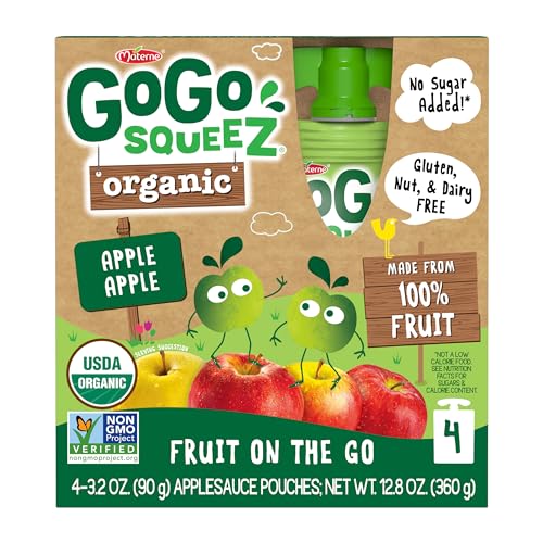 GoGo squeeZ No Sugar Added Organic Applesauce, Apple Apple, 48 Count | Kids on the go fruit snack made with applesauce & fruit puree; 3.2 oz pouches, gluten and nut free, recloseable cap, BPA-free