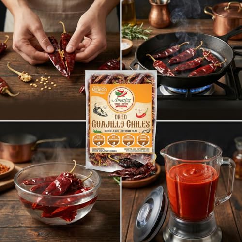 Guajillo Chiles Peppers Dried Whole 4 oz – Natural and Premium. Great For Mexican Recipes Like Mole, Tamales, Salsa, Meats. Mild to Medium Heat, Complex Fruity Flavor. Resealable Bag
