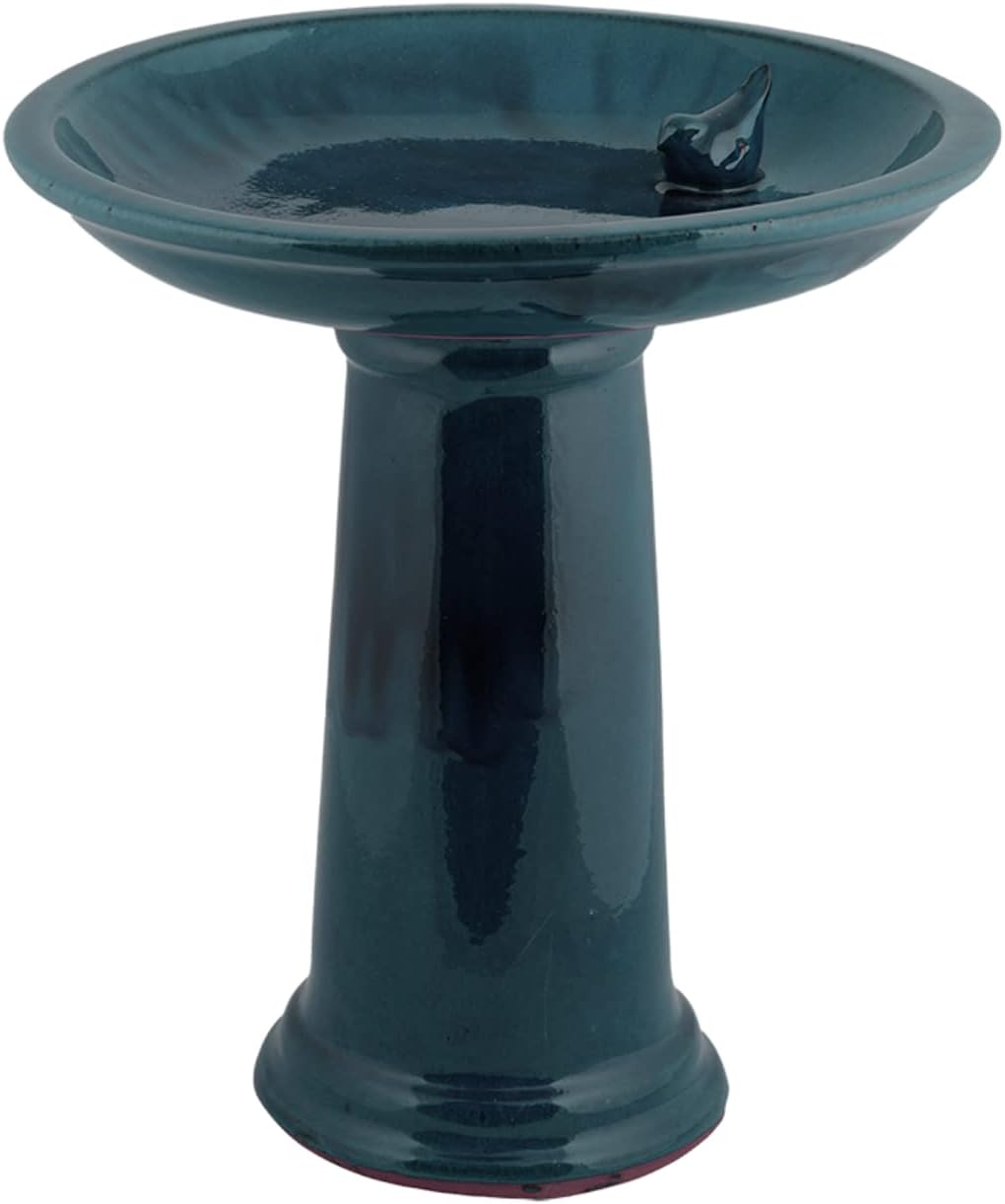 Esschert Design Bird Bath on Pedestal W/Bird, Ceramic, Blue, 18"H