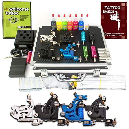 Grinder Tattoo Kit by Pirate Face Tattoo / 4 Tattoo Machine Guns - Power Supply / 7 Ink by Radiant Colors - Made in the USA/LCD Power Supply / 50