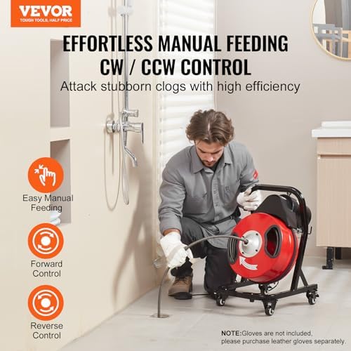 VEVOR Drain Cleaner Machine 100 FT x 3/4 Inch, Auto Feed Sewer Snake Auger, Portable Drain Cleaning Machine with Multi-Wheel Combination, 6 Cutters & Air-Activated Foot Switch for 4" to 8" Pipes