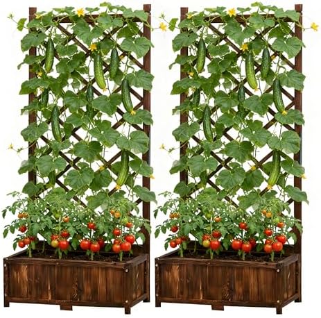 Anraja Raised Garden Bed with Trellis Wooden Flower Standing Planter Box Outdoor Wood Lattice Panels Privacy Screen for Climbing Plant Planting