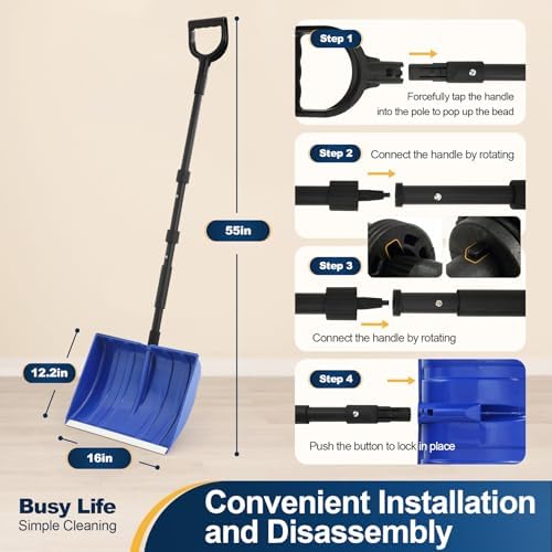 Yocada Snow Shovel for Driveway Home Garage Snow Removal 55 inch Long | with D-Grip Handle Aluminum Strip Large Capacity Shovel for Garden Car