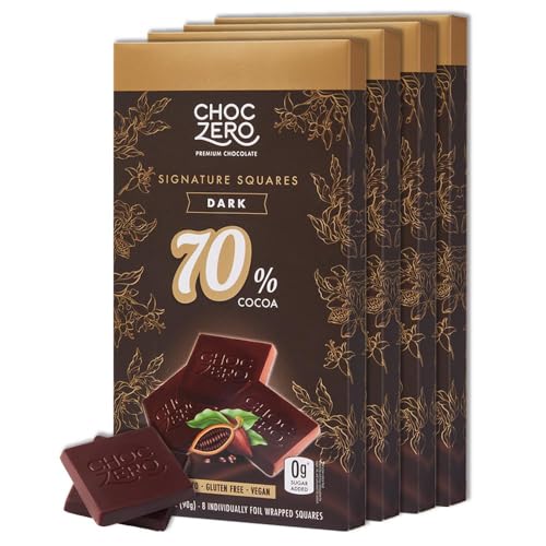 ChocZero 70% Cocoa Sugar Free Dark Chocolate Squares, Vegan, 4 Pack | No Sugar Alcohols, Keto, Low Carb, High Fiber, Gluten Free, 32 Total Candy Squares