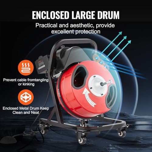 VEVOR Drain Cleaner Machine 100 FT x 3/4 Inch, Auto Feed Sewer Snake Auger, Portable Drain Cleaning Machine with Multi-Wheel Combination, 6 Cutters & Air-Activated Foot Switch for 4" to 8" Pipes