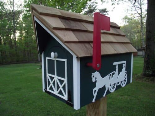 Amish Handmade Handcrafted Rural Mailbox w Flag Green Horse & Buggy