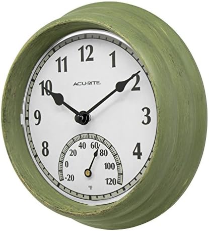 AcuRite 02470 Rustic Green Outdoor Clock with Thermometer, 8.5"