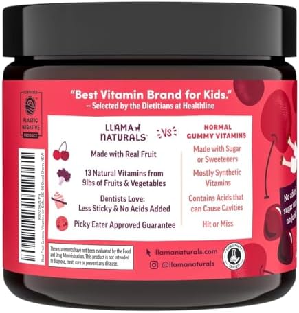 Llama Naturals Kids Multivitamin Gummies | Real Fruit, No Added Sugar Cane | Organic Vegan Toddler Whole Food Vitamins | Vitamin D, C & Beta Carotene Gummy Supplement | Cherry 90 Ct (1-2 Months)