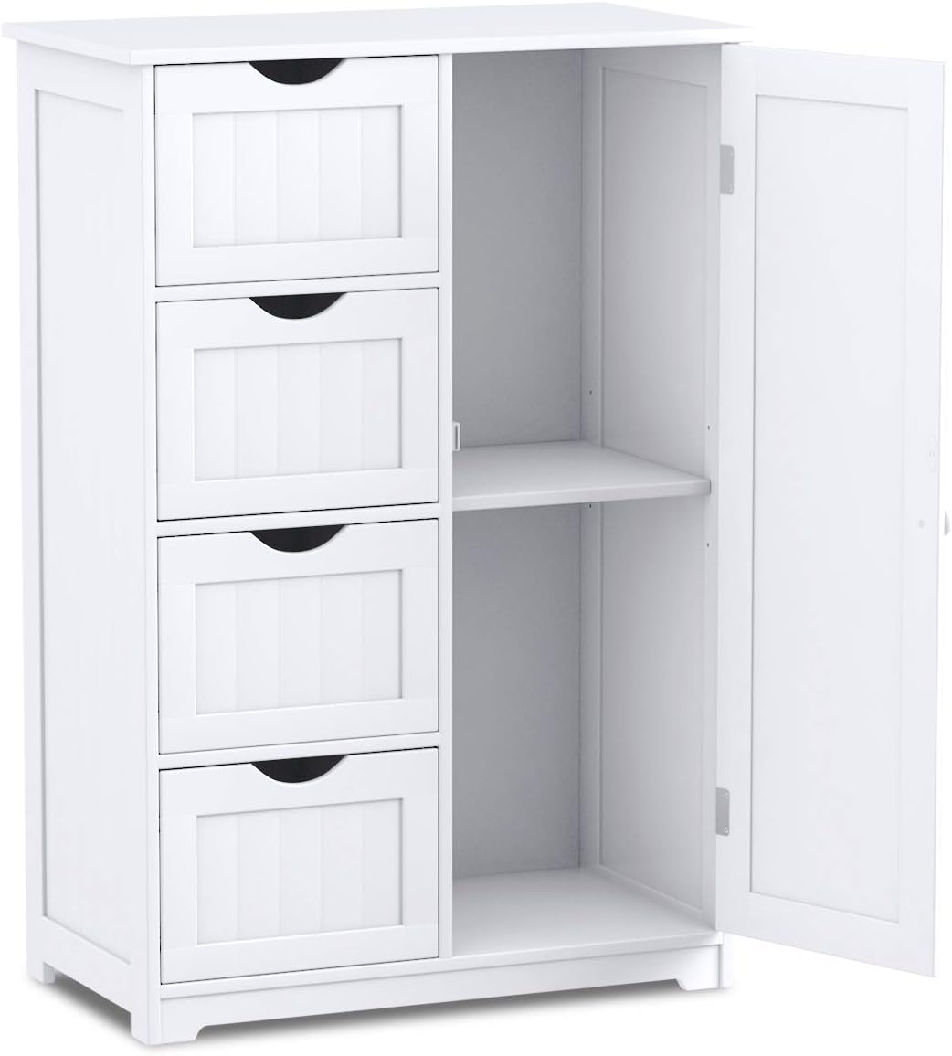 Giantex Storage Cabinet with 4 Drawers, Bathroom Storage Organizer with Cupboard, Adjustable Shelf, Anti-Toppling Device, Floor Cabinet, Entryway Storage Unit Console Table, White