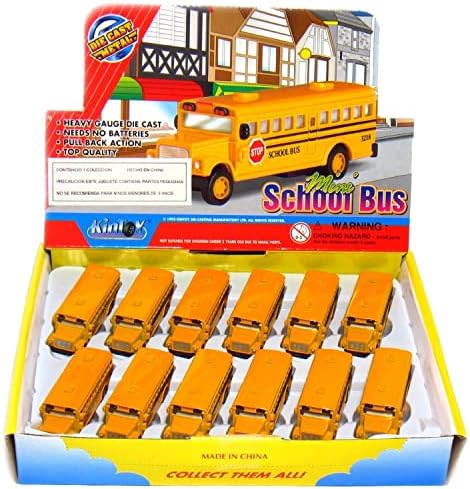 🚌 KiNSFUN Classic Long Nose School Bus 2½" Die Cast Metal w/ Pull Back Action 12 Pack