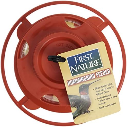 First Nature 993091-546 16 oz. Hummingbird Flower Feeder , Red | Bright Flower Ports Attract Birds - Round Bottom Perch Fits Multiple Birds - See-Through Tank Shows Nectar Levels