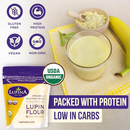 Lupina Organic Gluten-Free Lupin Flour – Pack 1–16 oz- High-Protein, High-Fiber, Low-Carb Plant-Based Flour – Non-GMO Vegan Superfood for Baking, Smoothies & Healthy Cooking