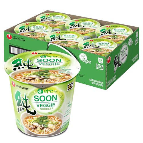Nongshim Soon Veggie Ramyun Noodles, Signature Korean Instant Ramyun, Vegetable Flavored Broth, Vegan Noodles, Quick & Easy, Microwaveable Cup, 2.64 oz (Pack of 6)