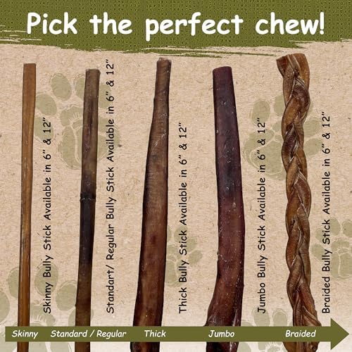 Top Dog Chews - 12 Inch Standard 12 Pack Bully Sticks, Long Lasting, 100% Natural Beef, Free Range Grass Fed, High Protein