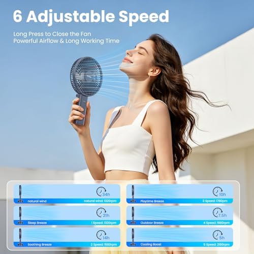 HandFan Quiet 6 Inch Handheld Fan [34H Max Cooling Time], 6 Speed Rechargeable Personal fan and Desktop with Base