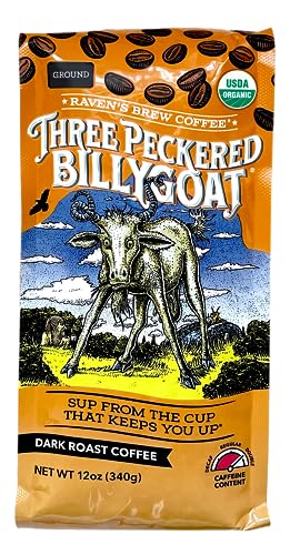 Raven's Brew Coffee Three Peckered Billy Goat, 12 Ounce - Dark Roast - Full Body with a Long Sweet Finish (Organic Ground, 12 oz)