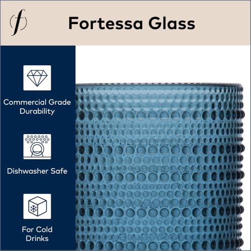 FORTESSA Jupiter Beaded Hobnail Glass Vintage Themed Drinkware Set, 10 Ounce Double Old Fashioned Glass (Set of 6), Dishwasher-Safe, Blue