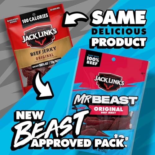Jack Link's MrBeast Beef Jerky, Peppered Beef Jerky - 10 Count | As Seen on Beast Games, 11g Protein, Made with 100% Real Beef, Pantry-Ready Snacks