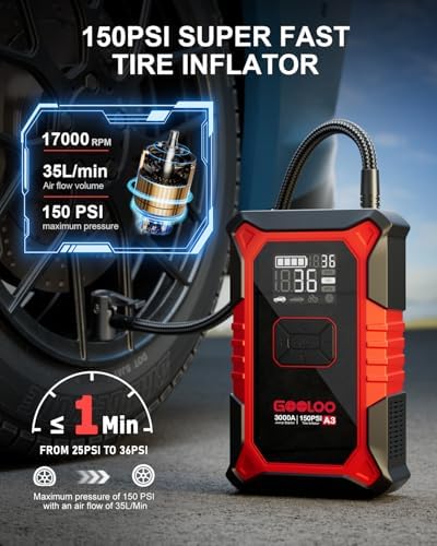 GOOLOO A3 12V 3000A Portable Jump Starter with Air Compressor | Supersafe Car Battery Booster Pack (9L Gas/6.5L Diesel) - BOOST for Dead Battery - 150 PSI Auto-Off Tire Inflator - LED Light