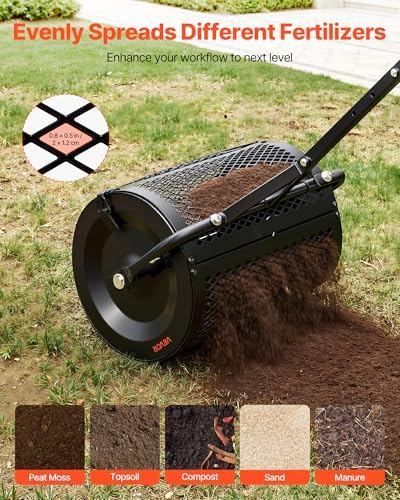 VEVOR Compost Spreader, 36" Wide Peat Moss Spreader with Push/Tow Handle, 4 Heights Adjustable, Powder-Coated Steel Garden Peat Moss Roller, Heavy Duty Grass Seed Roller for Planting Seeding, Black