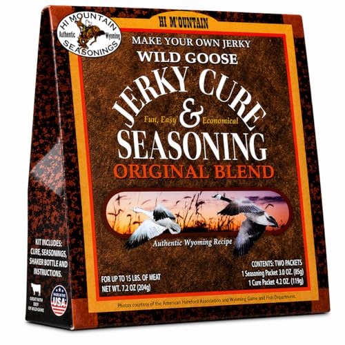 Hi Mountain Goose Jerky Seasoning & Cure Kit | MEQUITE | Makes 15 lbs | Make homemade goose, duck & waterfowl jerky with bold mesquite smoke flavor for smoker, dehydrator & oven