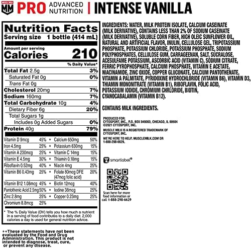 Muscle Milk Pro Advanced Nutrition Protein Shake, Intense Vanilla, 14 Fl Oz Bottle, 12 Pack, 40g Protein, 1g Sugar, 16 Vitamins & Minerals, 6g Fiber, Workout Recovery, Packaging May Vary