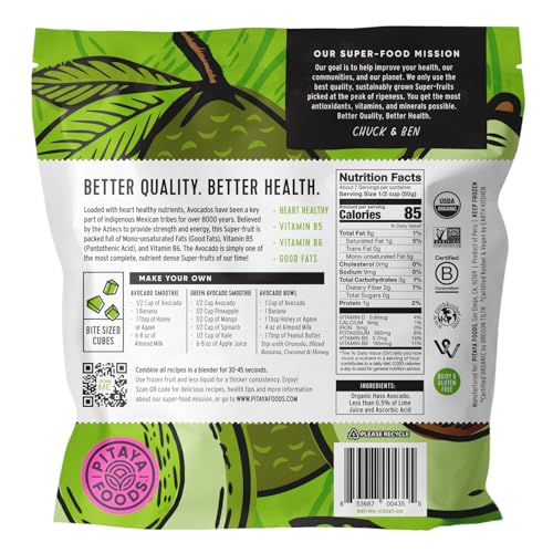 Pitaya Foods - Frozen Organic Avocado Bite-Sized Pieces, Pre-Packaged Frozen Fruit, No Added Sugar or Preservatives, Good Source of Vitamin B5 & B6