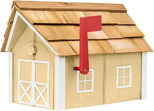 Amish-Made Deluxe Post Mount Wooden Mailbox with Cedar Shingles (Chestnut with White Trim)