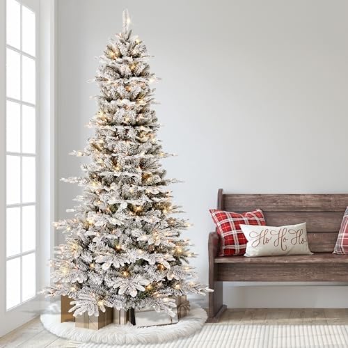 Puleo International 7.5ft Pre-Lit Slim Flocked Aspen Fir Christmas Tree with 450 Clear Lights, 1016 Realistic Dense Snow Flocked Branch Tips, Easy Setup Artificial Trees with Sturdy Metal Stand