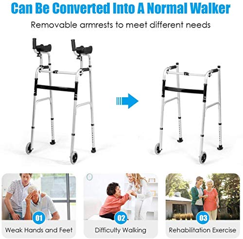 Nightcore Folding Standard Walker，Rehabilitation Auxiliary Walking Aid, Front Wheeled Walker w/Adjustable Height & Removable Armrests