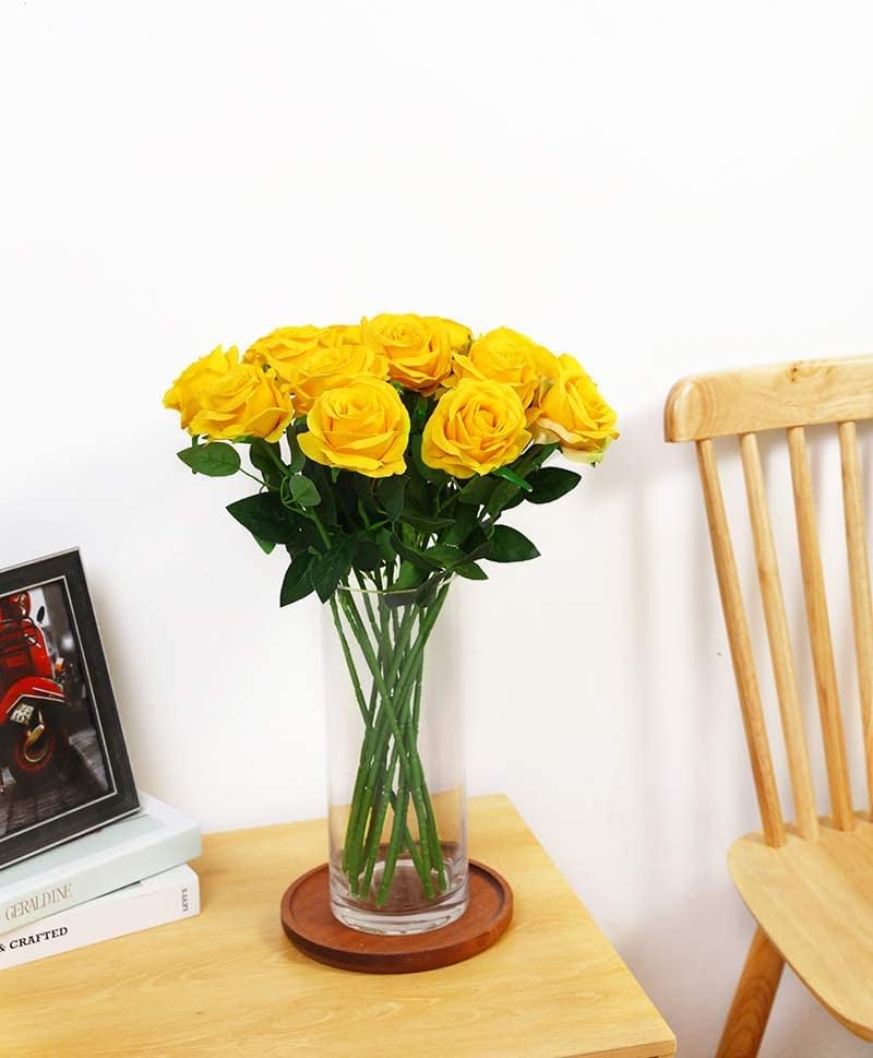12 PCS Artificial Flowers Roses Silk Flowers Fake Long Stem Artificial Roses for Home Wedding Decorations (Yellow)