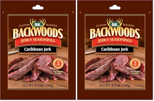LEM Products Backwoods Caribbean Jerk Jerky Seasoning, 4.2 oz Packet | Pre-Measured Seasoning and Cure for Wild Game and Domestic Meat, Seasons Up to 5 Pounds of Meat for Homemade Jerky