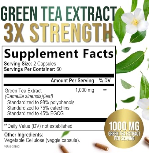 Green Tea Extract 1000mg Per Serving - 98% Polyphenols & 45% EGCG Capsules, Heart Support with Antioxidants - 3X Absorption Green Tea Pills Supplement, Natural Energy, Gentle Caffeine - 240 Capsules
