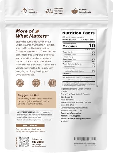 Micro Ingredients Organic Ceylon Cinnamon Powder, 2 lb Sri Lanka Source | True Cinnamon for Spice & Seasoning | Great for Baking, Cooking, & Drinks | Additive Free, Non-GMO