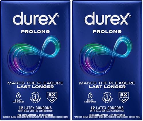 Durex Prolong Condoms with Delay Lubricant, Ribbed & Dotted Condoms for Men, 12 Count