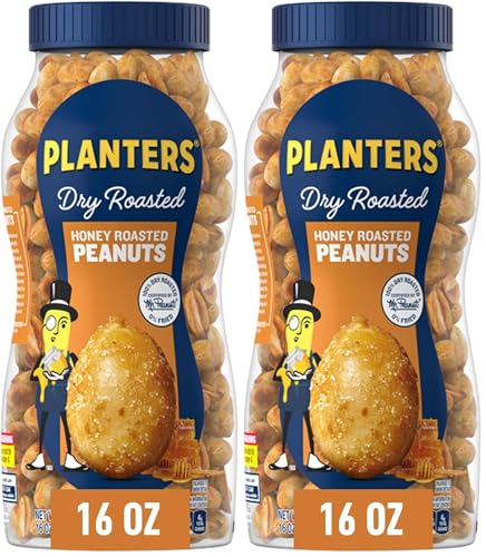 PLANTERS Honey Roasted Peanuts, Plant Based Protein Snacks, 16 Oz (1 Ct) | Roasted Sweet & Salty Nuts. Kosher. Resealable Jar. Snacks for Adults. Party Mix, Party Snacks
