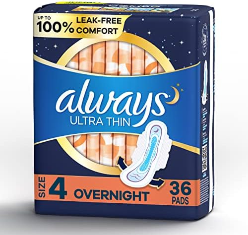 Always Ultra Thin Feminine Pads for Women with WIngs, Size 4, Overnight Absorbency, Unscented, 36 Count