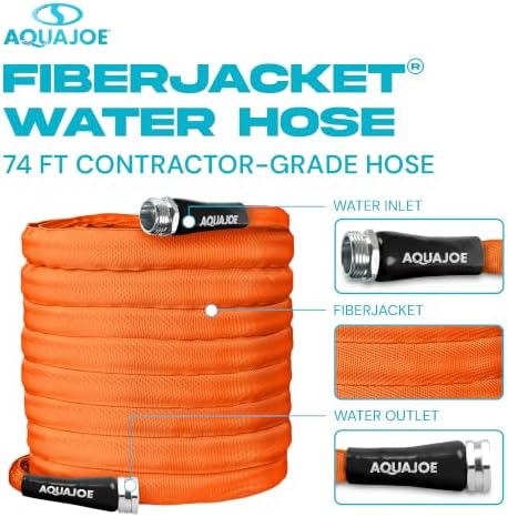 Aqua Joe AJFJH75-34-CTR FIBERJACKET Garden Hose, Non-Expanding and Kink-Resistant, 650 PSI Burst Rating, 75 Feet Long, Orange