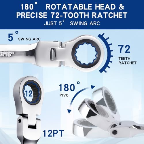 Qnkaa Flexible Ratchet Wrench Set 12pcs 8-19mm Spanner Gear Ring Ratcheting Combination Flexi Wrench Kit Metric Flex Head