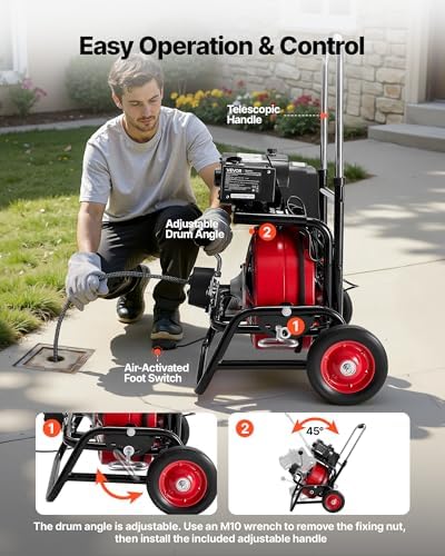 VEVOR Drain Cleaner Machine 100 FT x 3/4 Inch, Auto Feed Sewer Snake Auger, Portable Drain Cleaning Machine with Multi-Wheel Combination, 6 Cutters & Air-Activated Foot Switch for 4" to 8" Pipes