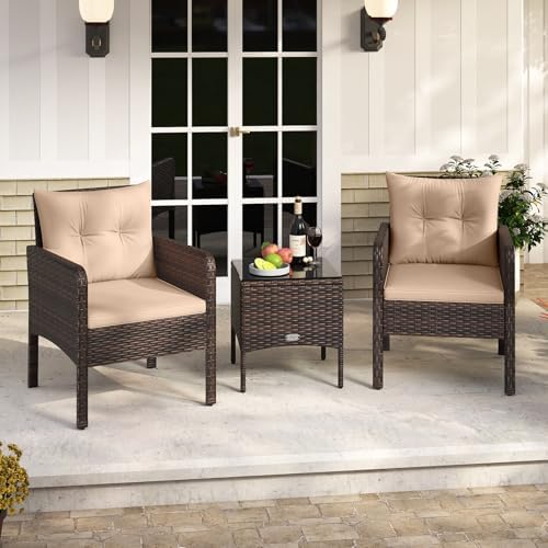 Tangkula 3 Piece Outdoor Patio Furniture Set, Wicker Chairs Set with Glass Top Coffee Table, Thick Cushions