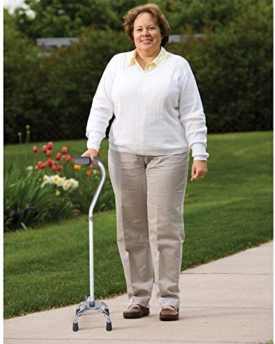 Carex Quad Cane with Small Base - Quad Walking Cane with Offset Cane Handle and Adjustable Height - 4 Tip Cane for Stability, Grey/Silver