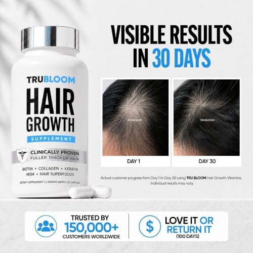 TRU BLOOM Hair Vitamins for Women and Men | Clinically Proven Hair Growth Supplements for Thinning Hair, Hair Loss, Thicker Fuller Hair | Biotin Collagen Keratin, Hair Growth Vitamins with DHT Blocker