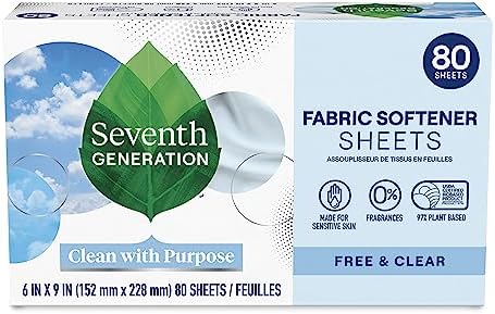 Seventh Generation Dryer Sheets Laundry Fabric Softener, Free & Clear Made for Sensitive Skin, 80 Sheets
